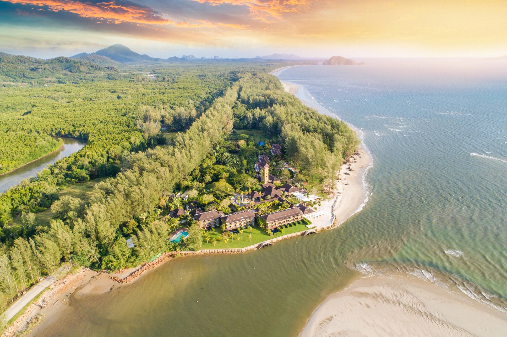 Aerial view wide shot beautiful sunset tropical beach sea in south thailand Asia